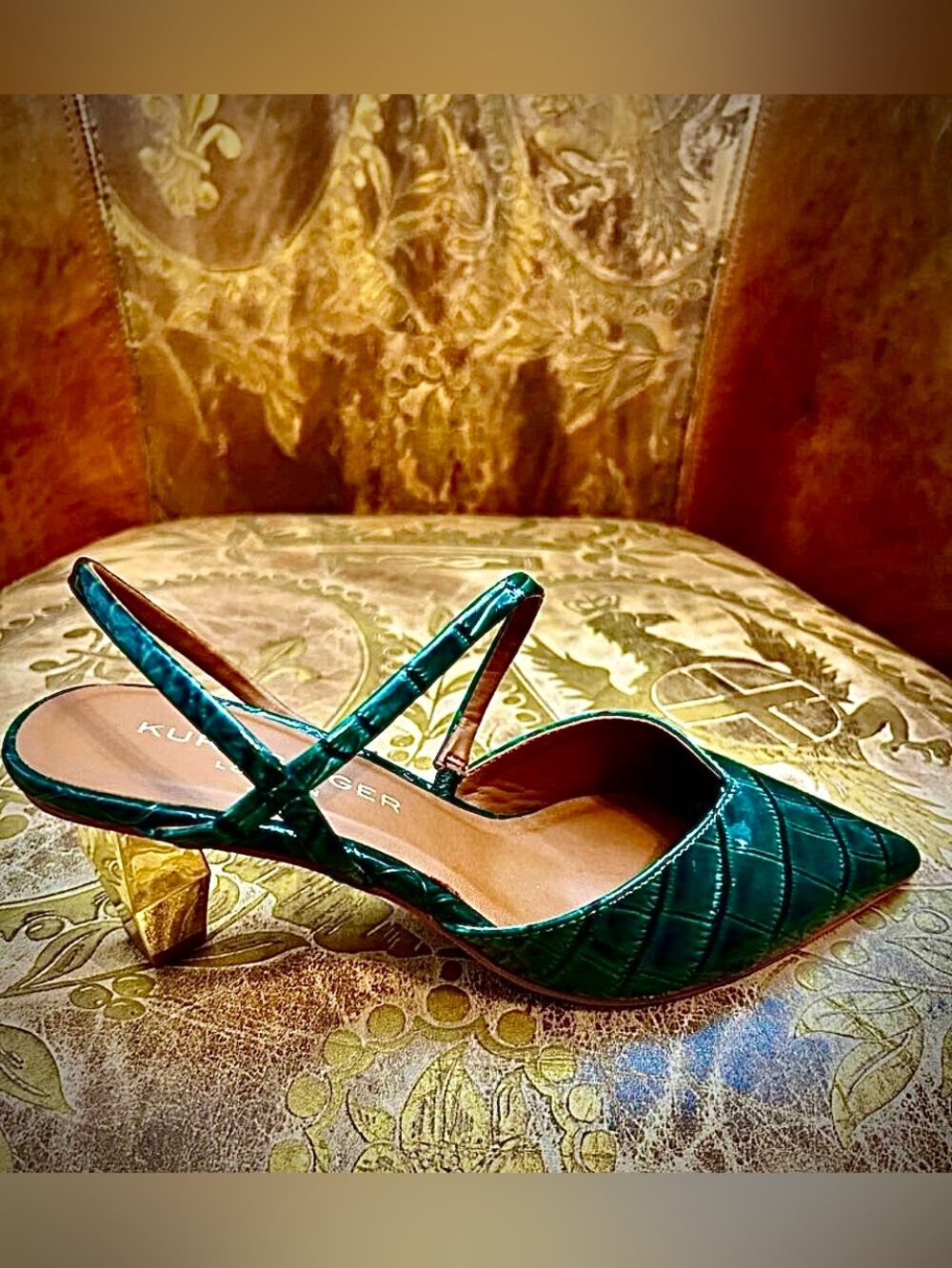 New KURT GEIGER Della Slingback Gold Architectural Heel Green Croc Leather 7